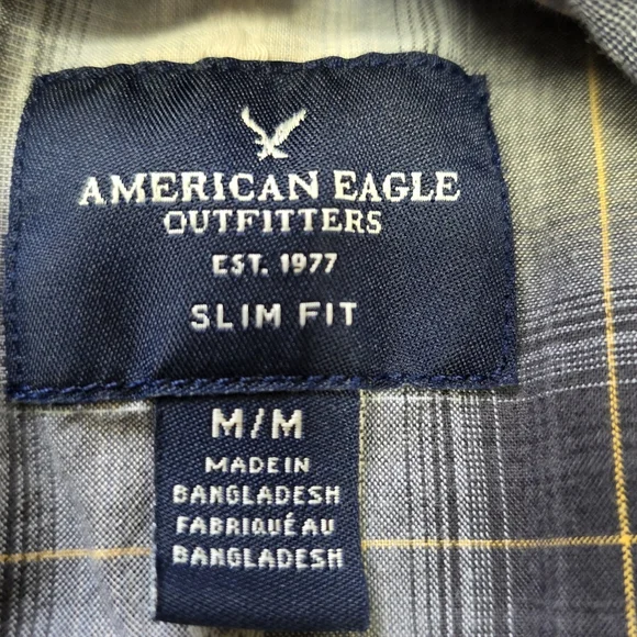 American Eagle Slim Fit Plaid Flannel Shirt Men's M Gray Cotton Button Up Grunge - Picture 3 of 7